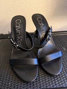 Calvin Klein Black Leather Ankle-Strap Heeled Sandals